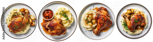 top view of plates with roast chicken and mashed potatoes photo