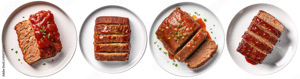 top view of plates with the classic dish meatloaf