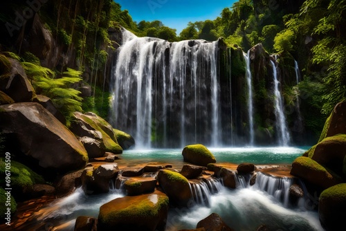 Crystal Cascade  A mesmerizing waterfall with pristine water gushing down from rocky heights  surrounded by lush greenery