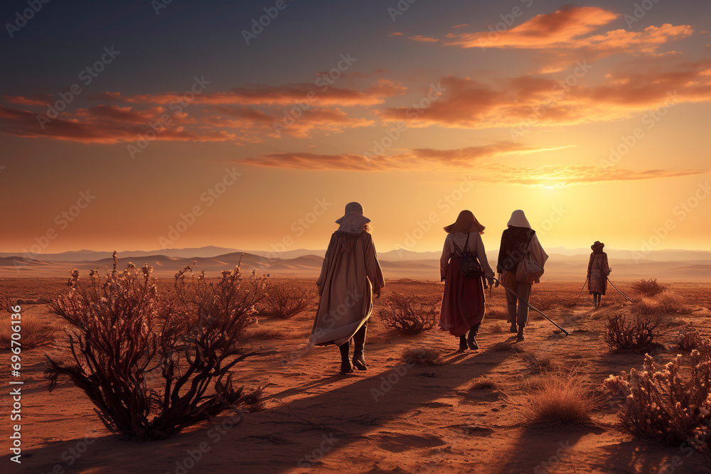 A group of tourists walking along a route in the desert at dusk.