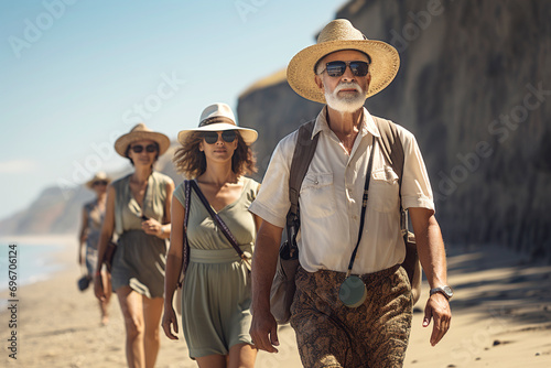 A group of middle-aged people strolling along the sea beach on a sunny day.