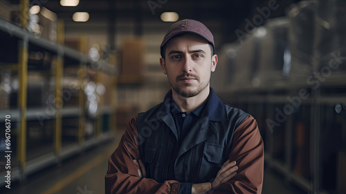 Portrait of young worker in metal processing facility, metallurgy factory in working uniform.