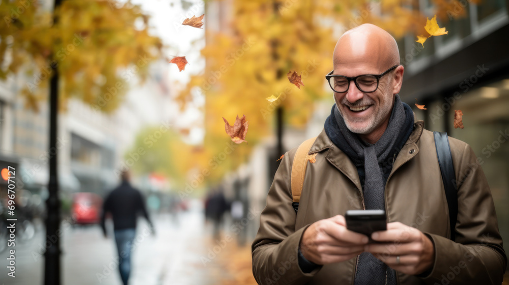 Senior man smiling confident using smartphone at autumn street Senior man smiling confident using smartphone at autumn street