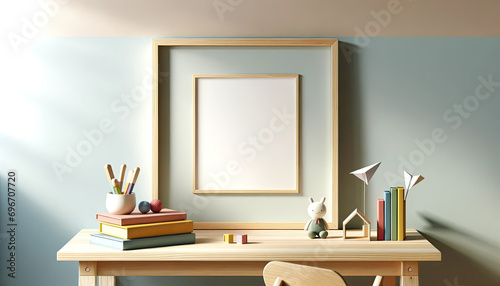 Mockup - empty photo frame on a desk in a children's room. Nearby, children's toys and stationery supplies