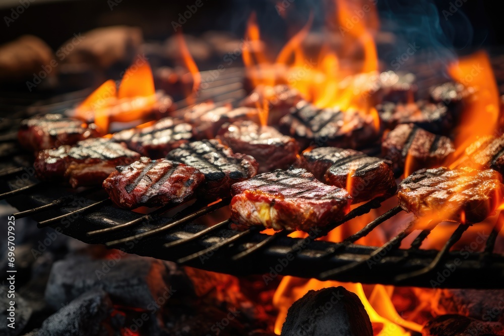 Grilled steaks on barbecue grill with flames and smoke background, Close-up of barbecues cooking grilling on charcoal, AI Generated