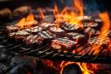 Grilled steaks on barbecue grill with flames and smoke background, Close-up of barbecues cooking grilling on charcoal, AI Generated