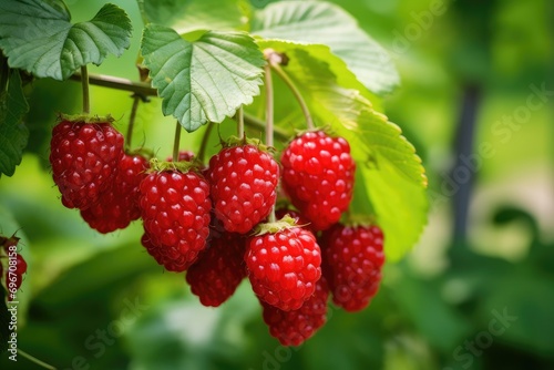 Ripe raspberries on a branch with leaves in the garden  Close-up of a loganberry plant with ripe loganberries growing in an organic garden  AI Generated