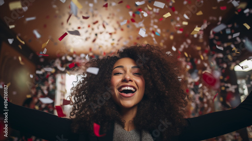Happy Biracial Woman Celebrating in Confetti