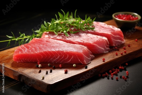 Fresh raw tuna fish with salt, pepper and lemon on wooden cutting board, Close-up view of a fresh raw tuna steak on a cutting board, AI Generated