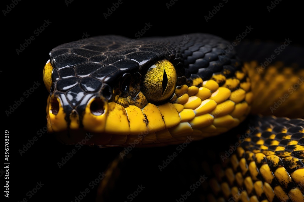 Close up of the head of a yellow and black snake on a black background, Close-up of a wild black and yellow snake isolated on a flat black background, AI Generated