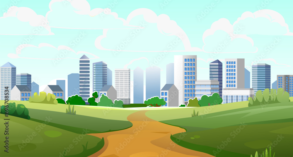 Country meadow. there is big city on horizon. Scenery Landscape. Fun cartoon style. Vector