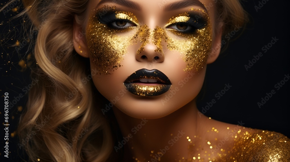 Gold glitter makeup, dazzlingly vibrant and irresistibly shimmering against a deep, sparkling black background