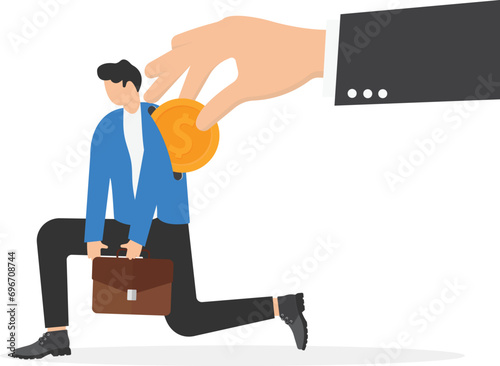 Bonus, benefit or incentive program to motivate exhausted employees, money or salary raising, support or reward for hard work concept, employer hand put coin to motivate businessman office employee.

