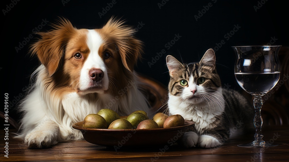 shot of a cat looking at a dog with a larger food bowl