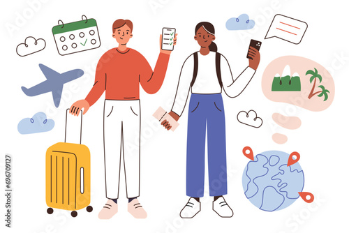 Family traveling on plane, diverse couple planning a trip to beach, hand drawn composition with tickets, globe, luggage, vector illustration of cartoon man and woman having vacation, using travel app