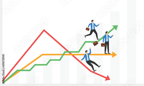 Business man steps up to success, Businessman fails on arrow graph. Concept business vector flat

