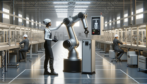 Collaborative robot and operator adjusting arm in modern manufacturing floor photo