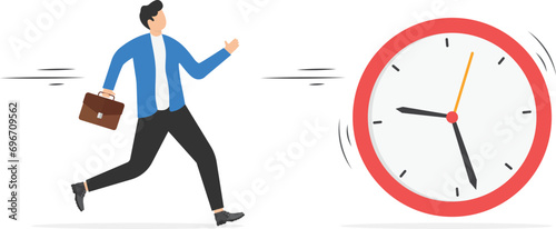 Young businessman runs and competes against the clock. Businesses that must compete with time. Achievement. Vector illustration flat design


