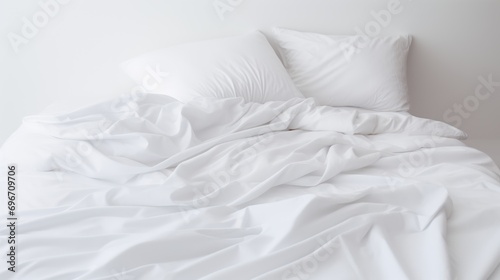 A white folded duvet resting on a bed with a white background.
