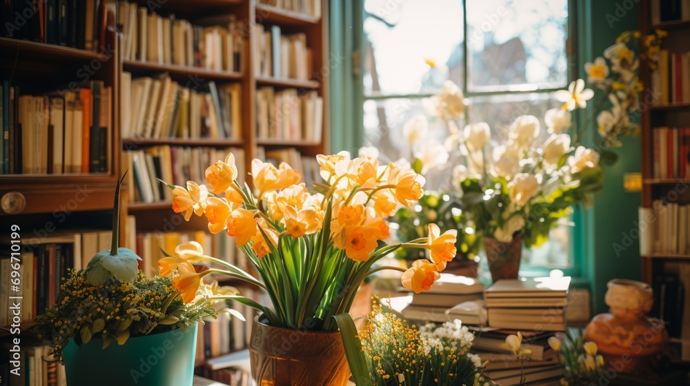 A captivating Easter poetry reading, held in a cozy bookshop, where wordsmiths share verses inspired by the beauty of spring, blooming flowers, and the symbolism of eggs. A captivating Easter poetry reading, held in a cozy bookshop, where wordsmiths share verses inspired by the beauty of spring, blooming flowers, and the symbolism of eggs.