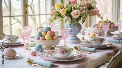 A beautifully decorated Easter table with vibrant spring flowers, pastel-colored table linens, and elegant place settings. 