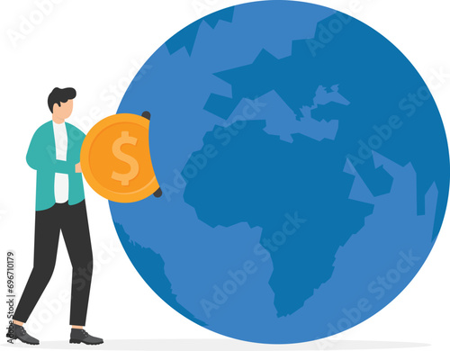 International economy, global investment, financial opportunity around the world, developed market and emerging markets concept, businessman investor hand put dollar coin money into globe coin bank.

