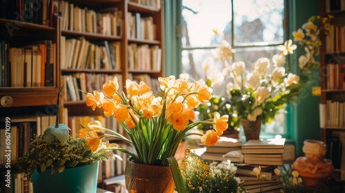 A captivating Easter poetry reading, held in a cozy bookshop, where wordsmiths share verses inspired by the beauty of spring, blooming flowers, and the symbolism of eggs. © AQ Arts