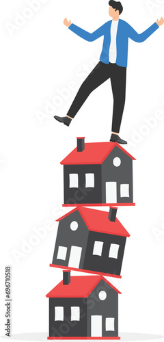 Housing investment risk, uncertainty of property mortgage loan and interest rate, real estate debt, buying too many houses concept, tried businessman balancing unstable stack of houses he bought.

