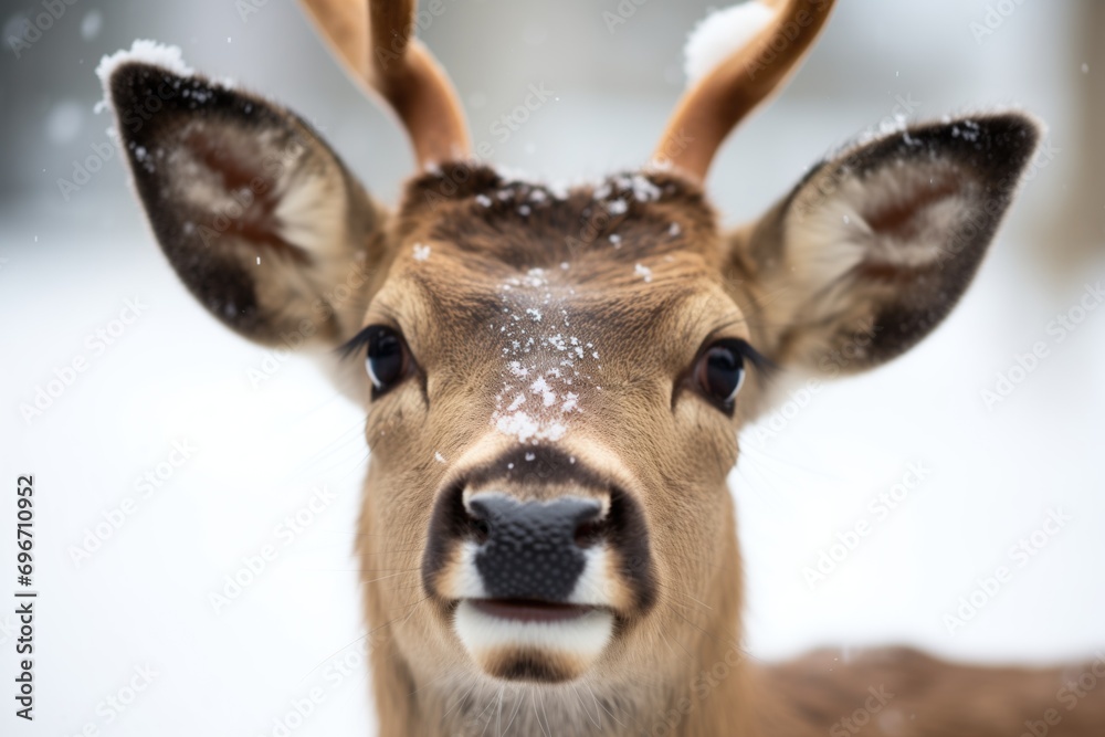 Naklejka premium close-up of a deers face with snowflakes on fur