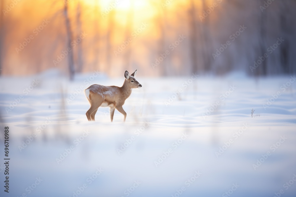 soft sunrise casting glow on deer in snowy plain soft sunrise casting glow on deer in snowy plain