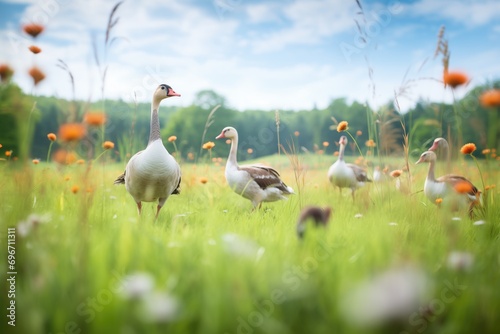 geese and turkeys roaming freely in a meadow
