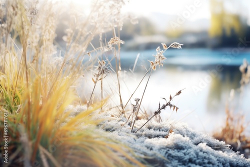 frost on vegetation by river胢s icy banks