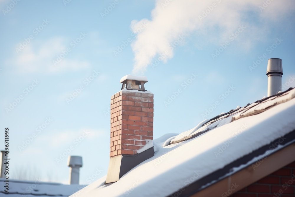 chimney on snowy roof with smoke drifting in cold air - obrazy, fototapety, plakaty 