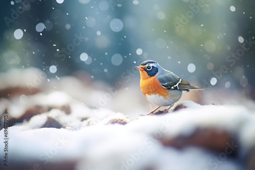 bright-breasted robin amidst soft falling snowflakes © studioworkstock