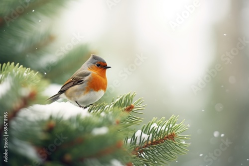 robin with a backdrop of snow-flurried pine needles © studioworkstock
