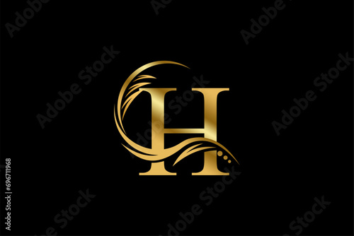Gold letter H  logo design with beautiful leaf, flower and feather ornaments. initial letter H. monogram H flourish. suitable for logos for boutiques, businesses, companies, beauty, offices, spas, etc photo