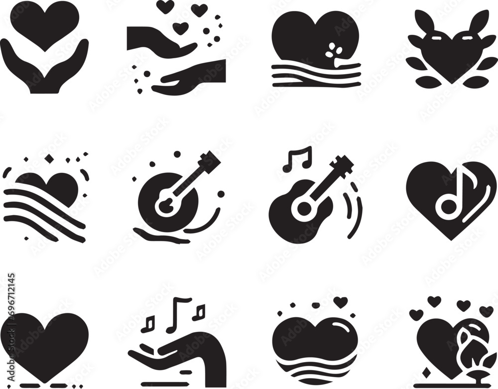 Black silhouette heart flat icon set isolated on white for Health care, wedding, Valentine day card.