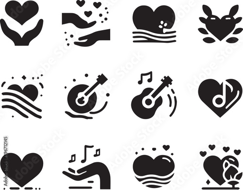 Black silhouette heart flat icon set isolated on white for Health care  wedding  Valentine day card.