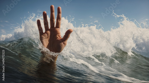 A single hand reaching out of stormy sea for help.