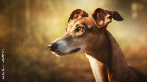 A close-up portrait of an attentive brown dog in golden-hour light.