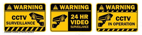 security camera video surveillance cctv sign for street home and building concept yellow warning caution sticker label object