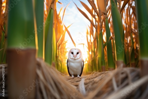 barn owl between rows of corn at sunset photo