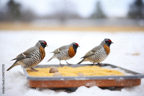 ground tray feeder with corn, visited by quails on snowy ground