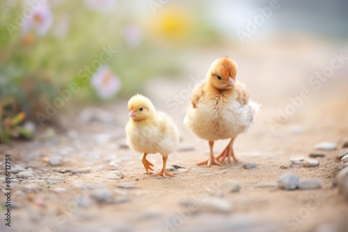 fluffy chicks trailing hen on pebble path