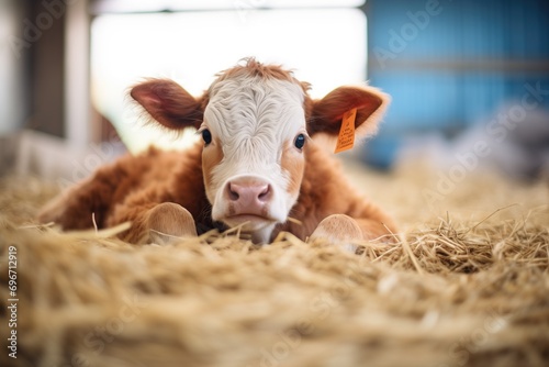 fluffy calf lying on clean straw, looking at camera