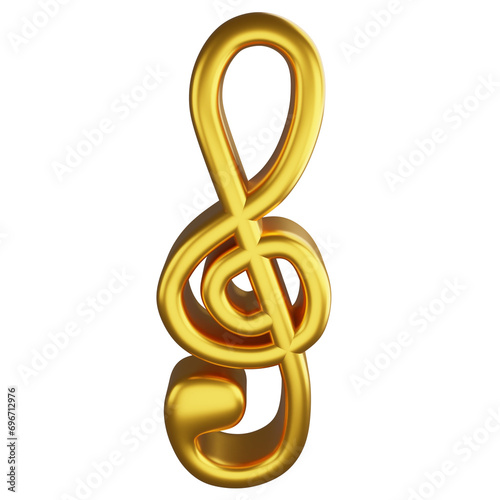 Treble clef or G clef note metallic gold clipart flat design icon isolated on transparent background, 3D render entertainment and music concept