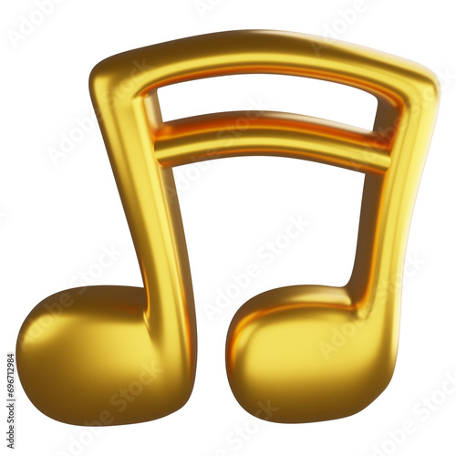 Two sixteenth notes metallic gold clipart flat design icon isolated on transparent background, 3D render entertainment and music concept