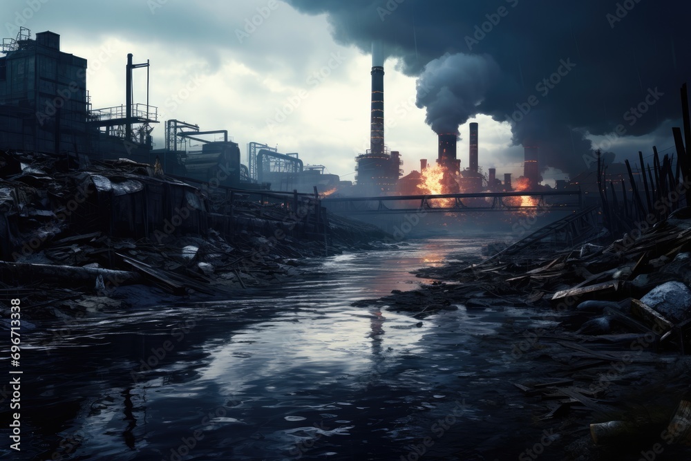 Factory in smoke and smog. Global warming concept. 3D rendering, Abandoned factory in the middle of the river, Concept of environmental pollution, AI Generated