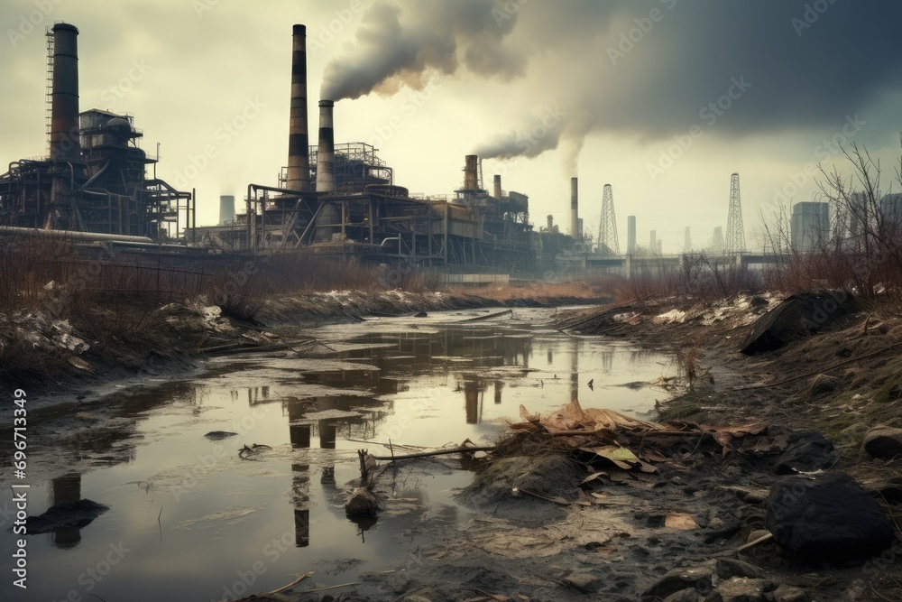 Industrial landscape with smoking chimneys on the bank of the river, Abandoned factory in the middle of the river, Concept of environmental pollution, AI Generated