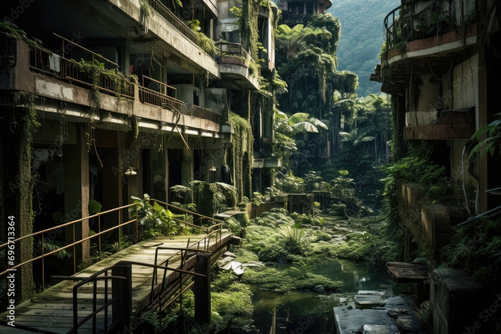 Houses in the middle of the jungle in Bali, Indonesia, Abandoned hotel in the midst of a lost city, AI Generated